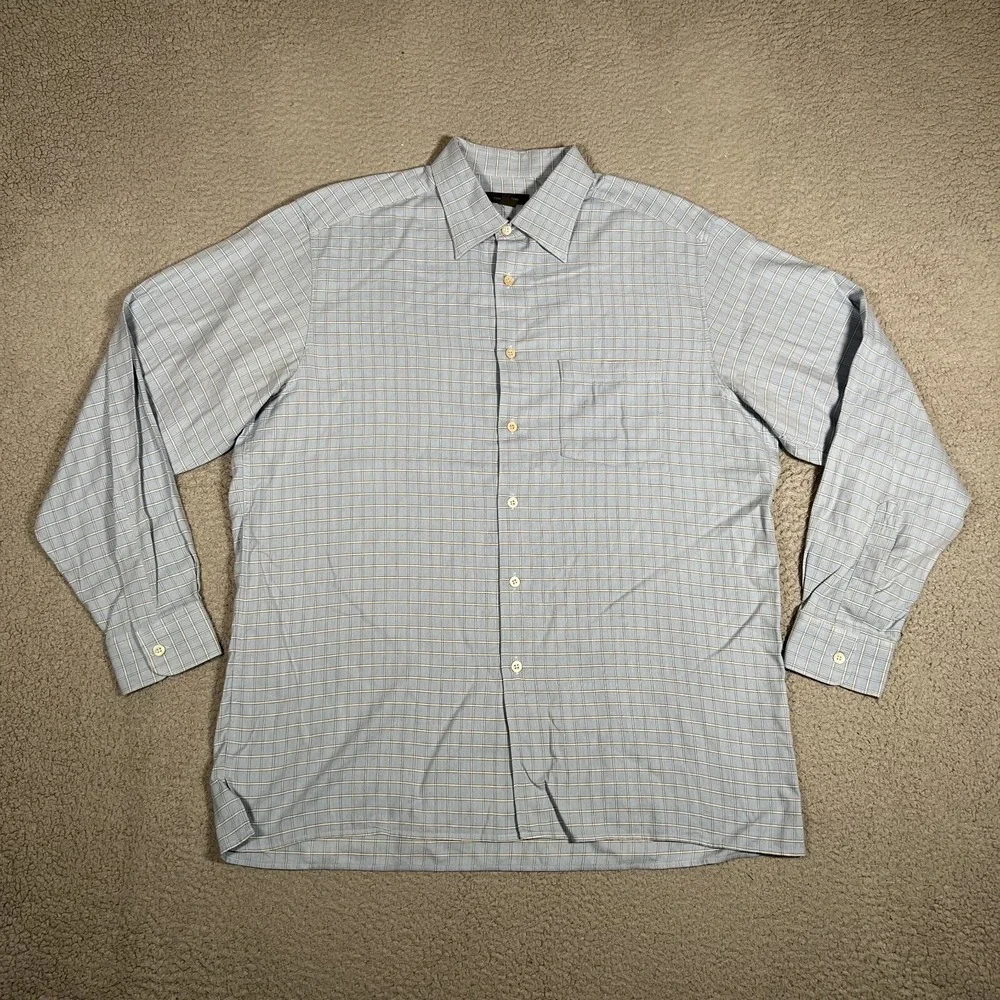 Ermenegildo Zegna Shirt Mens XL Blue Windowpane Lounge Button Up Pocket‎ Italy